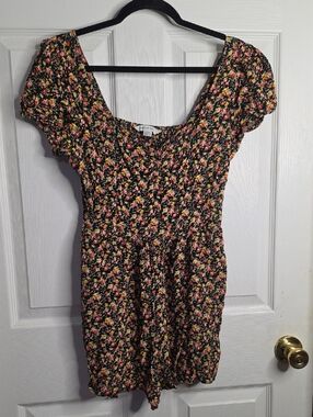 American Eagle Outfitters Black Floral Romper with Pink & Yellow Flowers